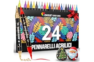 Zenacolor Pennarelli Acrilici a Doppia Punta (Fine e a Pennello) - 24 Colori per Diverse Superfici e Opere d'Arte - Pennarelli Acrilici per Dipingere Sassi