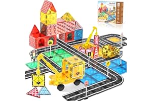 MAUIKAY Magnetic Tiles Road Set Kids Toys, Magnetic Building Blocks with Crane for 3+ Year Old Boys Girls STEM Toddlers Toys Ages 3-5 4-8