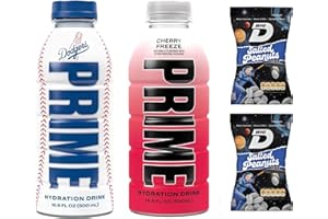 BLISSIFY PRIME Hydration Sports Drink by Logan Paul & KSI Limited Edition - Los Angeles (LA) Dodgers + Cherry Freeze US Import - 500ml Bottle With 2 x Big D salted peanuts, 50g