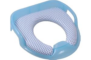 Asiento Reductor Acolchado con Asas para WC. Ayuda al aprendizaje de bebés y niños. Adaptador infantil portátil para váter MundiBebé +18 meses. Modelo Vichy Azul