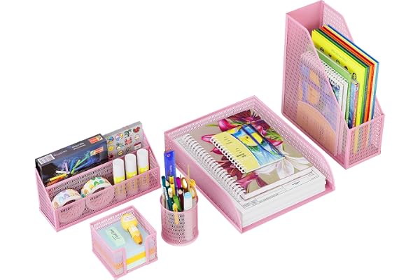 Solinxe Set d'organisation de Bureau en métal - Bac à Documents A4 Bac à courrier Porte-Crayons Porte-Lettres et Porte-Notes adhésives, Rose