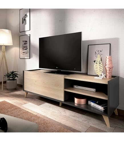 Mobile TV Emet Credenza Soggiorno - 161x45x35cm, Rovere E Antracite | Madia Per Televisione Fino A 65" - Foto 3
