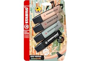 STABILO BOSS ORIGINAL NatureCOLORS - Surligneur - Blister carton x 4 surligneurs - beige rosé, gris taupe, vert eucalyptus, noir - 1 marqueur noir inclus