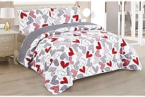BESCH Colcha Boutis para Primavera y Verano con Diseño Corazones + 2 Funda Cojin 50x70 cm - Cubrecama Ligera Fina Entretiempo Extra Suave y Transpirable (Cama 135, 220x260cm)