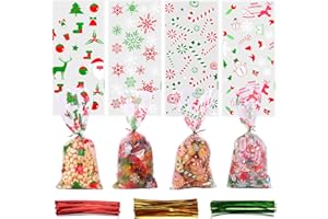 Christmas Cellophane Bags,Cydaluya 120pcs Clear Cellophane Treat Bags,christmas Cookie Bags with 150 Twist Ties for Candy Packaging of Christmas（12.5x27cm）