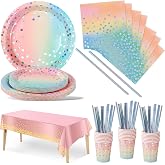 Nkaiso Party Tableware, 126 Pieces Rainbow and Silver Gold Dots, Set of Plates and Cutlery, Cardboard Cutlery, Cups and Napki