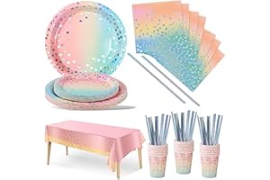 Nkaiso 126 Pezzi Arcobaleno e argento Stoviglie per Feste, Festa Decorazioni Set Include Piatti di Carta Tovaglioli Tazze di Carta Cannucce Tovaglia,per Nuziale Matrimonio,Compleanno -25 Ospiti