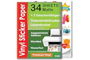 AGODEO Hochwertiges bedruckbares Vinyl-Aufkleberpapier – 34 Blatt – A4 – matt – Wasserfest – für Laser- und Tintenstrahldrucker geeignetes Vinyl-Aufkleberpapier – kompatibel mit Cricut