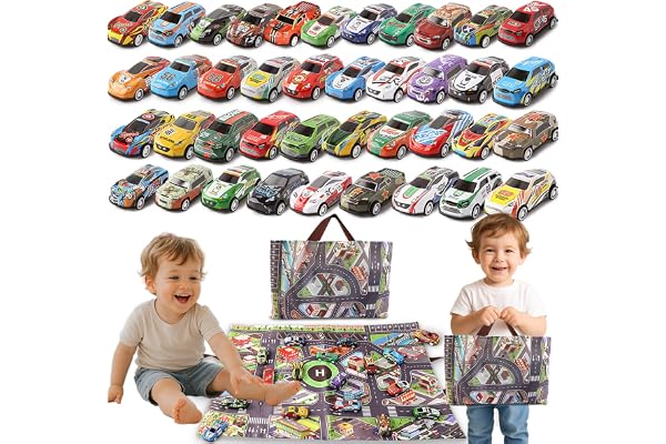 Varrotoy 40 Pièces Jouets de Voitures à Tirer pour Enfants,Jouets de Voitures de Course avec Tapis de Jeu Pliable,Véhicules à Friction,Cadeaux pour Garçons Filles de 3 4 5 Ans(Aléatoire)