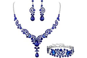 EVER FAITH Conjunto de Joyas de Cristal Art Deco Nupcial Collar de lágrima Floral Conjunto de Pendientes y Pulsera Tono Azul-Plateado