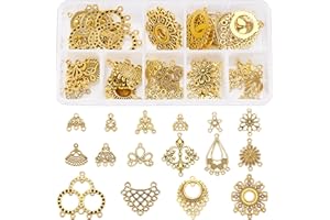 SUNNYCLUE 1 Caja 64 Piezas 16 Estilos Conectores para Pendientes Encantos Componentes Filigrana Enlaces Candelabro Encantos Hallazgos Bucles Kit de Fabricación de Joyas para Fabricación de Aretes