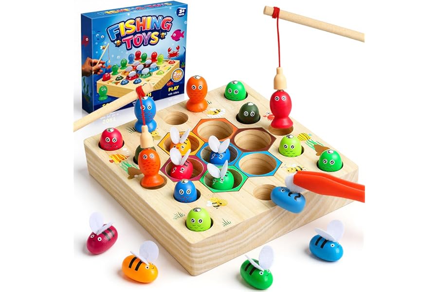 COOLJOY Wooden Fishing Game Toy, Magnetic Montessori Toys for 2 3 Year Olds, Early Learning, Fine Motor Skills, Shape Sorter, Toddler Educational Gift for 2 3 4 Year Olds Girls Boys, Kids Easter Gifts