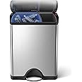 simplehuman 46L (30/16) Rectangular Recycling Double Kitchen Pedal Bin, Strong Steel Pedal, Silent Soft Close Lid, Inner Buckets, Built-In Wheels, Fingerprint-Proof, Brushed Stainless Steel CW1830