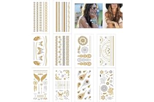ILAMDEETEK 10 Blatt Flash Tattoos,Temporäre Tattoos,Metallic Temporäre Klebetattoos Wasserdichte,Flash Metallic Klebe Tattoo Frauen Damen Erwachsene,für Festival und Party Accessoire