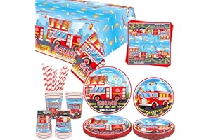 ENCETARDE Vigili del fuoco accessori per feste, camion dei pompieri per feste, piatti cena, piatti da dessert, tazze, tovaglioli, cannucce per camion, tema, accessori per la doccia, servizio 20 (20)