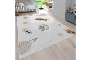 Paco Home Alfombra De Habitacion Bebe Infantil Niña Niño De Juego Antideslizante Estrellas Planeta Cohete Lavable En Lavadora Beige Marron Amarillo, tamaño:Ø 160 cm Redon