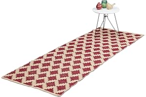 ‎RELAXDAYS Relaxdays dywan, bawełna, 80 x 200 cm, antypoślizgowy, ręcznie tkany, wzór w romby, chodnik dywanowy, do korytarza, kuchni, beżowy/czerwony, 0,6 x 200 x 80 cm