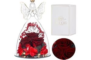 ‎EAPRALA Eaprala Drei Konservierte Rosen Geschenk in Glas Engelsfiguren, Geburtstagsgeschenke für Frauen, Engel Geschenke für Sie auf Jahrestag,Weihnachten,Valentinstag.WeinRot