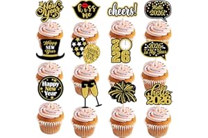 MICJLLT 12 Pcs Happy New Year Cake Topper 2026 Party Table Decorations Accessories,NYE Black and Gold Glitter Picks Dessert Table Oranments for Photo Booth Props,Eve Toppers Picks 2026 Decorations for Cake