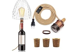 LQUNFYL E27 Portalampada per Bottiglia, 240 CM Corda di Canapa Cavo e Porta Lampade in Metallo Ceramica, Lampada per Bottiglia di Vino con 3 Tappi di Sughero, DIY Lampada da Tavolo Kit per Varie Bottiglie