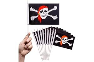 PHENO FLAGS Piratenflagge klein- 10 Stück - Piratenfahne 12,7 x 20,32 cm - 30cm Flaggenstab - 75 D Polyester Stoff, Mini-Fahne mit Piratenmotiv für Kindergeburtstag und Faschings-Party