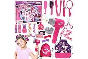 FUNCREVITY Friseur Set Kinder 21 Stück Friseur und Schminktaschen Spielzeug Set für Mädchen mit Fön Spiegel Lockenstab Schürze und Anderen Friseur Zubehör Geburtstag Geschenk für Mädchen ab 3 Jahren