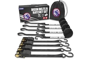 Ratchet Straps 20ft (6m) 4 Pack 1000kg Break Strength UV Resistant Heavy Duty Cargo Tie Down Straps with Ergonomic Rubber Grips & Coated Deep S Hooks by Bison Gear® (6m 1000kg Break Strength, Black)