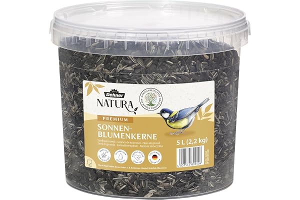Dehner Natura Premium Nourriture pour Oiseaux Sauvages, graines de Tournesol Non décortiquées, en Seau, 5L (2.2 kg)