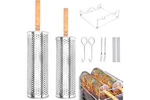 Foyucool Set di Cestello per Grigliare, 2 Pz Cestini per Barbecue Rotante, Design Annidabili, in Acciaio Inox Ispessito, Manico in Legno Rimovibile, per Barbecue, Campeggio, per Carne e Verdure