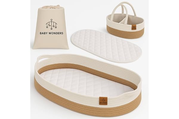 Baby Wonders® Panier à Langer Bébé avec Matelas Imperméable et Coussin Confort – Cesta de Change Design Naturel en Osier, Panier de Change Portable pour Chambre et Voyage