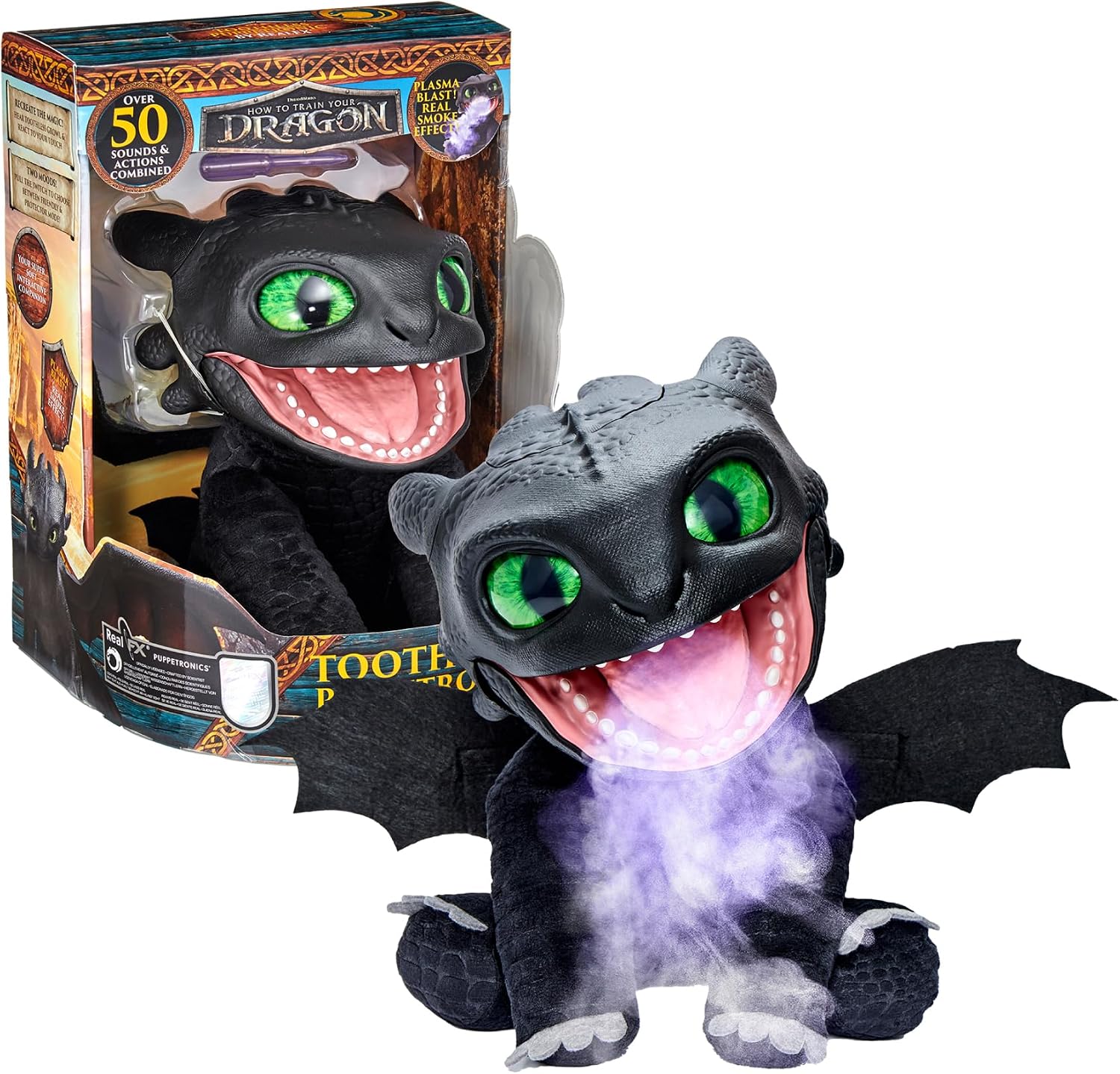 Puppetronic Real FX Toothless - Peluche de Destentao de Cómo Entrenar a tu Dragón, Marioneta Electrónica de 30 cm, +50 Reacciones y Sonidos, Efectos de Humo y Fuego, 6+ años, Famosa (RE000000)