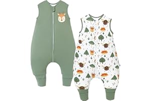 Chilsuessy Pack of 2 Baby Sleeping Bags with Feet, 2.5 Tog, Winter Sleeping Bag, Baby Sleeping Bag with Legs, Sleeping Romper for Boys and Girls, 2.5 Tog/Green + Forest Animals, 100 cm / Baby Height