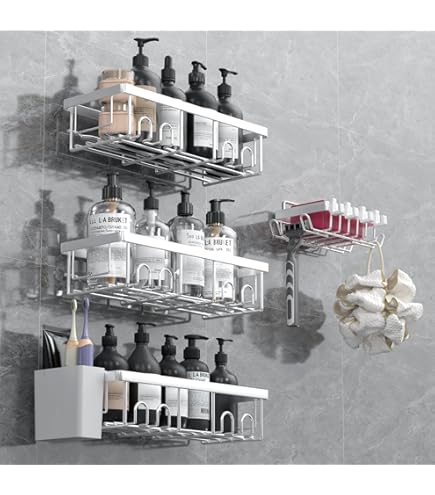 Youvip Roze douchecaddy, douche-organizers 5-pack, roestvrije badkamer doucheplanken voor binnen douche, zelfklevende douchecaddy met zeephouder en tandenborstelhouder zonder boren