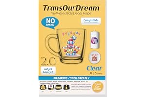 TransOurDream Tru-Waterslide Decal Paper Clear 2.0 A4 5 Sheets Printable Water Transfer Paper for Inkjet & Laser Printers,Water Slide Decals Transparent for Mugs,Tumblers, DIY Glasses（017-5）