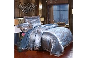 Beyeutao Set di biancheria da letto king con copripiumino jacquard in pizzo jacquard blu satinato con motivo cachemire damascato, 3 pezzi, set di biancheria da letto con federe.