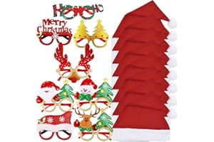 BHGT 16 Stk Weihnachten Accessoires 8 Stück Weihnachten Brille Lustig Weihnachtsbrillen 8 Stück Weihnachtsmützen Weihnachtsmann Santa Mützen Nikolausmütze für Party Dekoration