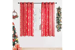 Topfinel Tende Natalizie Cucina Rosso Tenda Semitrasparenti con Occhielli in Voile 2 Pezzi Moderne Camera da Cameretta Bambini Soggiorno 140x160 CM