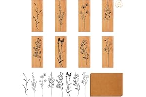 RUICAIFU 8PCS Wooden Printing Stamps with 20 PCS Kraft Postcard, Vintage Wooden Rubber Stamps Plant and Flower Decorative Scrapbook Rubber Stamps for Card Making Scrapbooking DIY Crafts