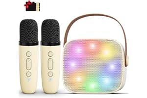 VOIJUMP Mini Karaoke Machine for Kids Adults,Portable Bluetooth Speaker with 2 Wireless Microphones,MP3 Music Player for Girls Boys 3-11,12+ Years Old,Gifts for Family Home Birthday Party (Beige)