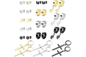 Kakonia 15 Paires Boucles d'Oreilles en Acier Inoxydable pour Hommes Femmes Cross Dangle Hinged Hoop Boucles d'Oreilles Boucles d'Oreilles Plumes CZ Boucles d'Oreilles Vintage Oreille Piercing Bijoux