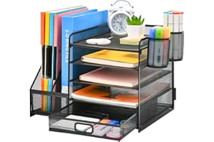 Marbrasse Organizer na Biurko z Uchwytem na Dokumenty,5-Poziomowy Regał na Listy z Szufladą I 2 Uchwytami na Długopisy, Akcesoria Biurko,Miejsce Organizer,Uchwyt Czasopisma (Czarny-1)