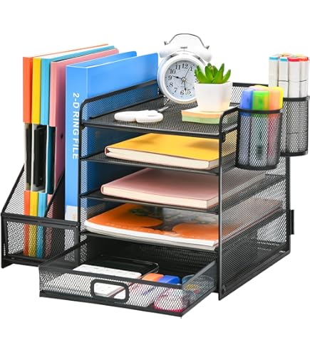Mesh bureau-organizer met aktjeshouder, 5-laagse papieren brieventray Mesh bureau-organizer met aktjeshouder, 5-laagse papieren brieventray