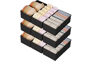 DIMJ Organisateur de Tiroirs De Rangement - Séparateurs de Tiroir Non Tissés, Boîte Organisateur Dressing Rangement Gain de Place Pour Chaussettes, Sous-VêTements, Cravates, 12 Pièces, Noir