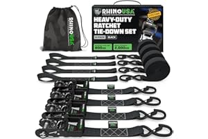 Rhino USA Cinghie a Cricchetto 2000kg, 4cm x 2.4m - Cinghie di Fissaggio Carico - 4 Pz - Cinghie per Trasloco e Trasporto - Cinghia a Cricchetto - con Manici e Ganci a S in Cromo Rivestito - Nero