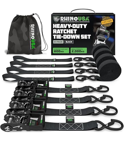 thumbnail image 2 of 4 Pack 2 Inch Ratchet Straps Heavy Duty 27ft Tie Down Straps Ratchet With Double J Hook, 10000 LBS Break Strength, Cargo Ratchet Strap For Moving, Truck, Trailers, Motorcycles, Kayaks, Car Roof 2 of 9