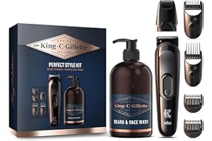 KING C. GILLETTE King C.Gillette Coffret cadeau style parfait pour homme pour un rasage de barbe rapide et facile, avec 1 tondeuse à barbe électrique et 4 différents sabots et un nettoyant 3 en 1 pour barbe