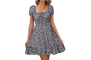 Livonmone Womens Summer Casual Sweetheart Neckline Puff Sleeve Floral Print High Waist Dress Boho Beach Mini Short Dresses