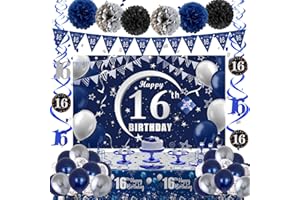 NAVDRIVL 16th Birthday Decorations Boy Girl, 16th Birthday Banner for Boys Backdrop Balloons Blue and Silver, Happy 16 Bday Decorations Banners Tablecover Triangle Flag, 16 Year Old Bday Gifts Party Supplies