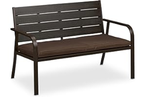 Relaxdays Banco Jardín con Cojín, Efecto Madera, 2 Plazas, Asiento Exterior Resistente, 78 x 118 x 66 cm, Marrón, Poliéster