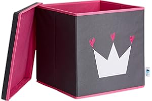 LOVE !T STORE !T LOVE IT STORE IT - Cube De Rangement Avec Couvercle - En Tissu Ultra Résistant - Pliable - Renforcement Bois - Pour Chambre Enfant - Compatible Étagère Cube Kallax - 33x33x33cm - Gris Motif Couronne